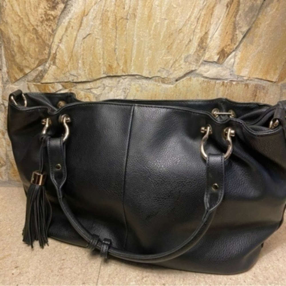 Boyatu black satchel with gold coloured hardware and monogram interior